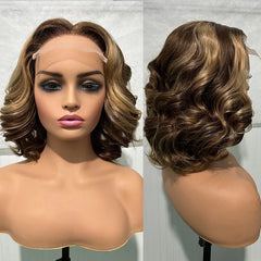 100% Malaysia Hair 250 Density Double Drawn P4 27 Ombre Highlight Bouncy Wave Wear and Go 5x5 Glueless Human Hair Bob Curly Wigs SHOWLU FASHION STORE