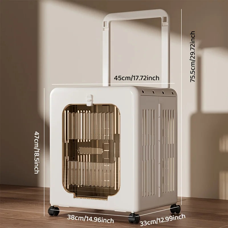 A white portable folding pet carrier with a retractable handle and wheels.