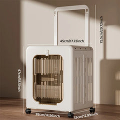 A white portable folding pet carrier with a retractable handle and wheels.