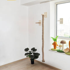 A wall-mounted cat climbing set featuring a sisal rope and wooden pedals.