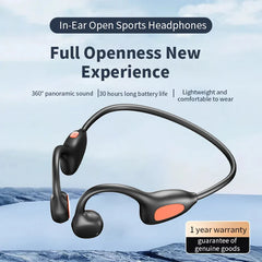 Black open-ear sports headphones with an orange accent on a light blue background.