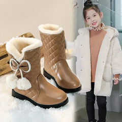 Girls Warm Boots with Bow Kids Snow Boots with Fur Plush 2024 Winter New Fashion Children Princess Boots Waterproof Platform SHOWLU FASHION STORE