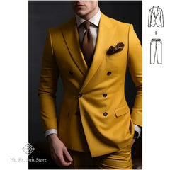 New 2 pcs Double-breasted Suit Set Men's Slim-fit Young Men Blazer Jacket Dress Suits Pants Ensemble Wedding Ball Reunion Attire
