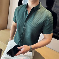 Thin Waffle Shirt, Non-Ironing Business Slim Shirt, Men's Short Sleeve Shirt Brown,Exquisite Business Short-Sleeved Shirt