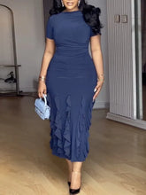 Short Sleeve Midi Dress for Women with Folds and Layered Ruffle Hem Perfect for Dinner Dates Evening Party or Semi Formal Events