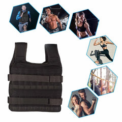 A black adjustable weighted vest for fitness training shown with various exercise examples.