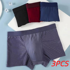 A set of three men's boxer shorts featuring a breathable mesh design and solid colors.