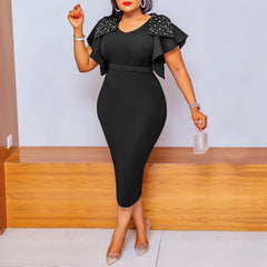 A black midi bodycon dress with a V-neck, ruffled butterfly sleeves, and beaded shoulder details.
