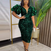 Dress Women Gown Dresses Mid Length Vestidos Slim Night Off Shoulder Puff Sleeve Hip Wrap Sequin Elegant Splice Evening Party