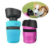 A blue and a pink foldable pet water bottle with an attached drinking bowl for travel.