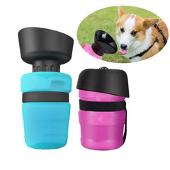 A blue and a pink foldable pet water bottle with an attached drinking bowl for travel.