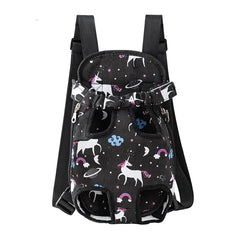 A black pet carrier backpack featuring a unicorn and space pattern with adjustable shoulder straps.