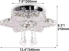 A modern flower-shaped crystal flush mount ceiling light with dimensions labeled.