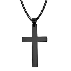 A simple black stainless steel cross pendant hangs from a matching black link chain.