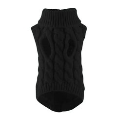 A black cable-knit sweater for pets with a turtleneck collar and armholes.