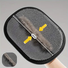A grey, oval-shaped pet hair removal brush with a central bristle strip measuring 24 centimeters.