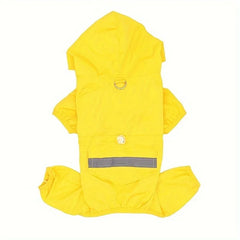 A bright yellow hooded dog raincoat featuring a D-ring and a reflective strip on the back.