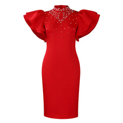 A red knee-length pencil dress featuring a high collar, beaded embellishments, and butterfly sleeves.