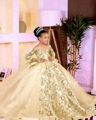 Customized Pink Flower Girl Dresses Children Birthday Dress Illusion Sheer Neck Long Sleeves Beaded Lace Princess Ball Gowns