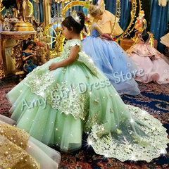 Customized Champagne Flower Girl Dresses For Wedding Appliques With Bow Elegant Princess Birthday Party First Communion Gown