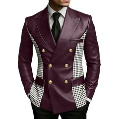 Men’s Brown Leather Blazer With Houndstooth Sides Vintage Two-Tone Double Breasted Slim Fit Gold Buttons Leather Tuxedo Jacket
