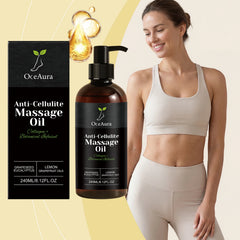 A bottle and box of OceAura anti-cellulite massage oil next to a woman in athletic wear.