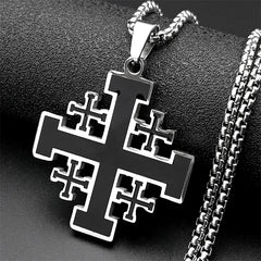 A stainless steel Jerusalem cross pendant with black inlay on a matching link chain.