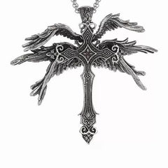 A vintage-style silver cross pendant featuring intricate gothic detailing and spread wings.