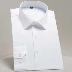 A crisp white long-sleeve button-up dress shirt with a square collar and slim-fit design.