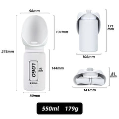 A portable pet water bottle with a collapsible drinking tray shown in three configurations.