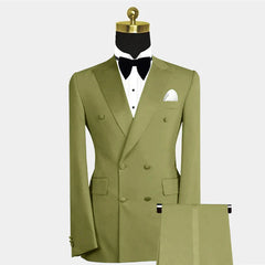 A double-breasted olive green suit with a peak lapel, white shirt, and black bow tie.