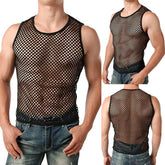 A man wears a black sleeveless mesh tank top with a round neckline.