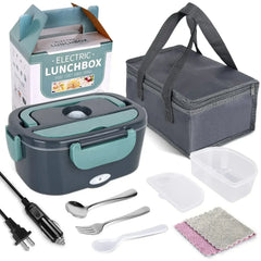 An electric lunch box set with a carrying bag, power cords, utensils, and a food container.