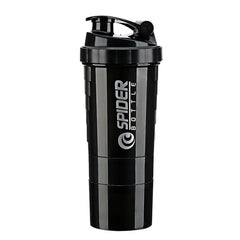 A black three-layer protein shaker bottle with a flip-top lid and Spider Bottle branding.