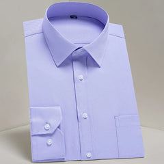 A light purple long-sleeve dress shirt with a square collar and a single chest pocket.