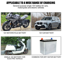 A collage showing a motorcycle, a car, an electric scooter, and a lead-acid battery.