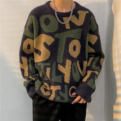 Autumn Winter Men's Trendy Vintage Letter Streetwear Knitted Sweater Y2K Youth Casual Round Neck Long Sleeve Loose Pullover Tops