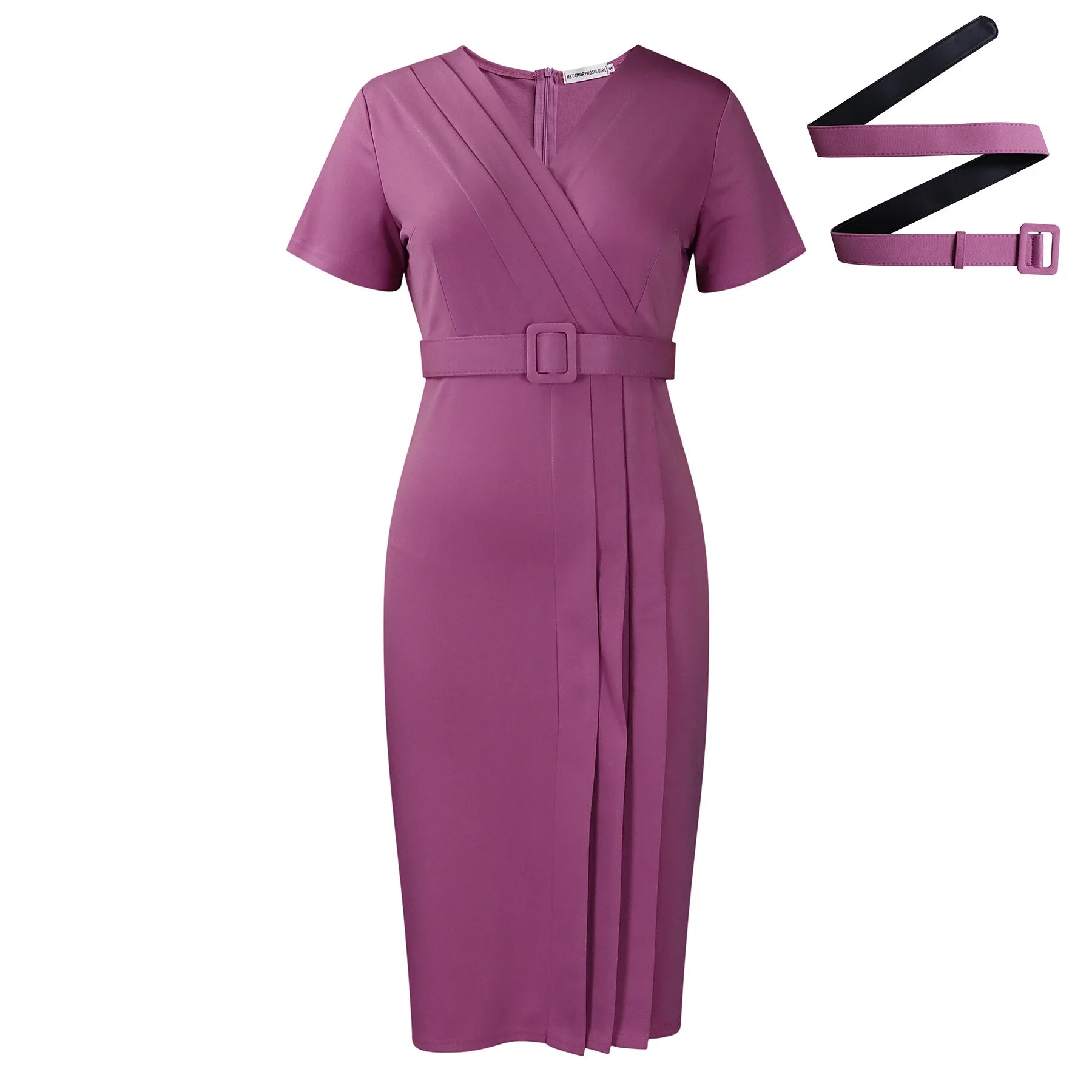 A solid mauve short-sleeved V-neck pencil dress with a matching belt and pleated detailing.