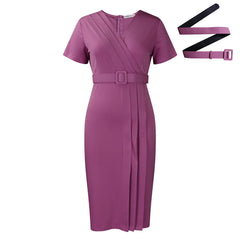 A solid mauve short-sleeved V-neck pencil dress with a matching belt and pleated detailing.