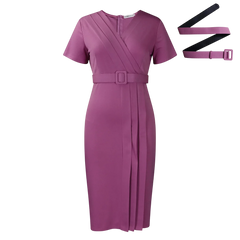 A solid mauve short-sleeved V-neck pencil dress with a matching belt and pleated detailing.