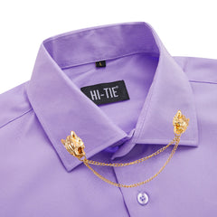 Hi-Tie Long Sleeve Mens Shirts Silk Brown Solid Lapel Green Black Red Beige Purple Pink Slim Fit Shirt Wedding Business Formal