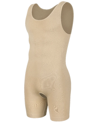 Beige sleeveless men's compression bodysuit with a scoop neck and an open crotch design.