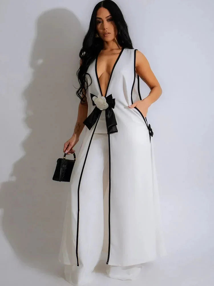 Bow Tie Appliques V-neck Sleeveless Long Top and Wide Leg Pants Matching Sets Women Two Piece Set Elegant Vintage Club Outfits SHOWLU FASHION STORE