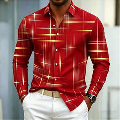 2026 men's shirt with fashionable printed lines, checkered long sleeved shirt, lapel, slim fit, business casual men's shirt