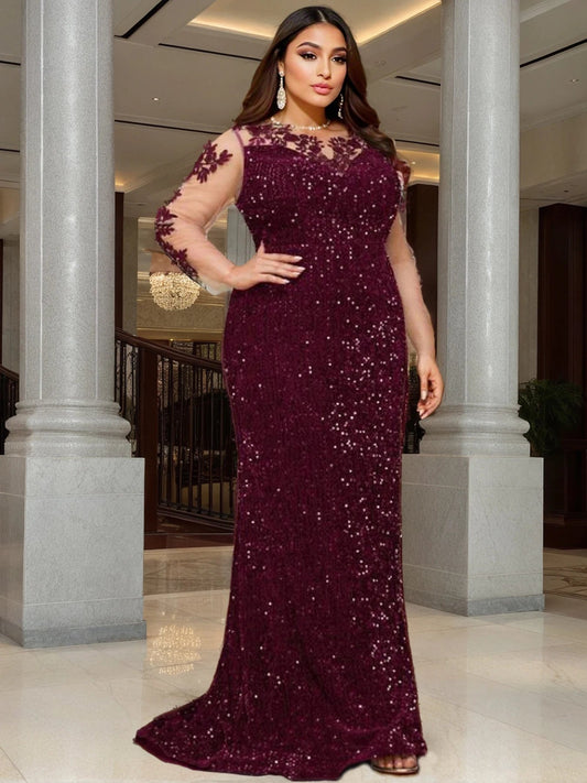 Blue O Neck Sequin Formal Evening Dress Long Sleeves See-through Mesh Stretchy Floor Length Women Party Elegant Wedding Dresses SHOWLU FASHION STORE