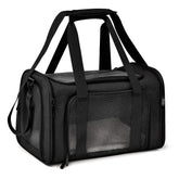 A black soft-sided pet carrier with mesh windows and carrying handles.