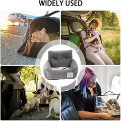 A gray plush pet travel seat with high sides and a cushioned base for dogs and cats.