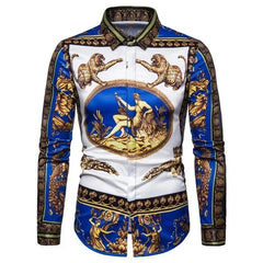 A men's long-sleeve button-down shirt featuring a blue and white baroque print with leopard motifs.