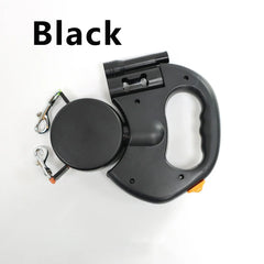 A black retractable double-ended dog leash with an integrated flashlight and waste bag dispenser.