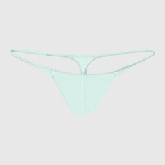 A light green, low-waisted men's thong made from stretchy, breathable knit fabric.